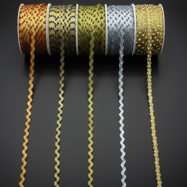 Dekoratyvinė pintinė juostelė su metalizuotu siūlu tekstilei