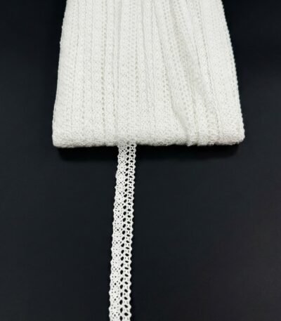 Megztas dekoratyvinis nėrinukas juostelėje 28 mm baltas