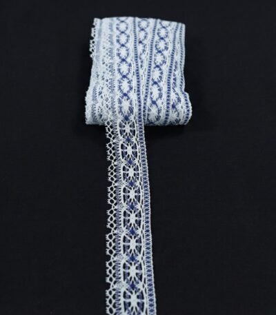 Nėrinių juostelė 5 cm su mėlynu ornamentu ažūrinė