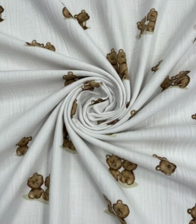 Medvilninis muslinas su vaikišku meškiukų raštu