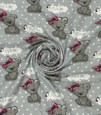 Pilka flanelė su rausvais akcentais kūdikių patalynei