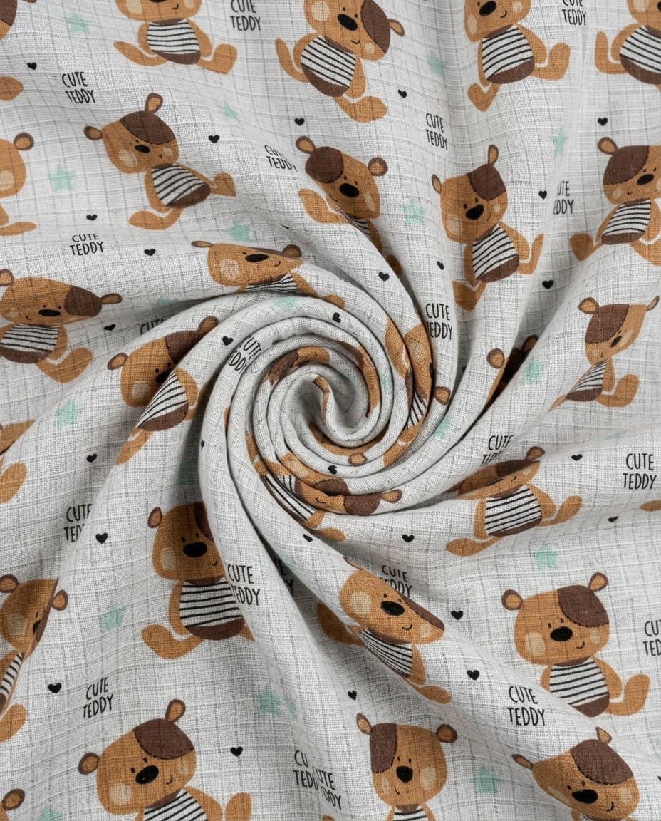 100 % medvilnės muslinas Cute Teddy Muslino audinys su meškiukų raštu kūdikių tekstilei