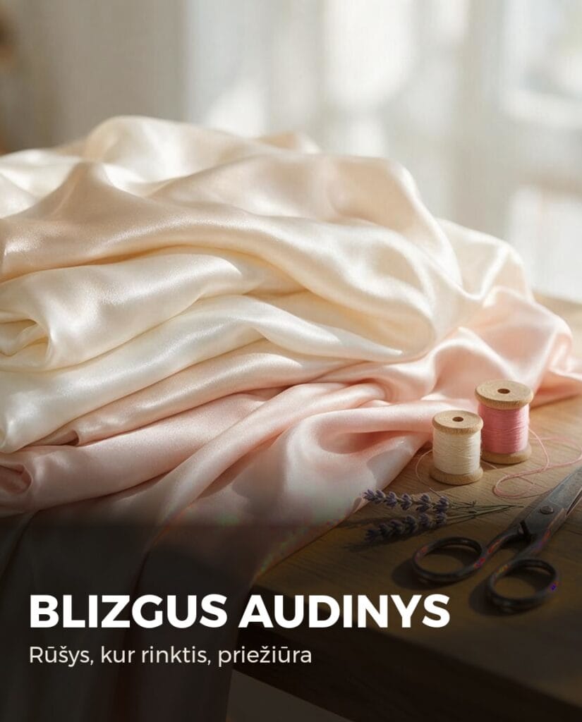 Blizgus atlaso ir šilko audinys su siuvimo priemonėmis
