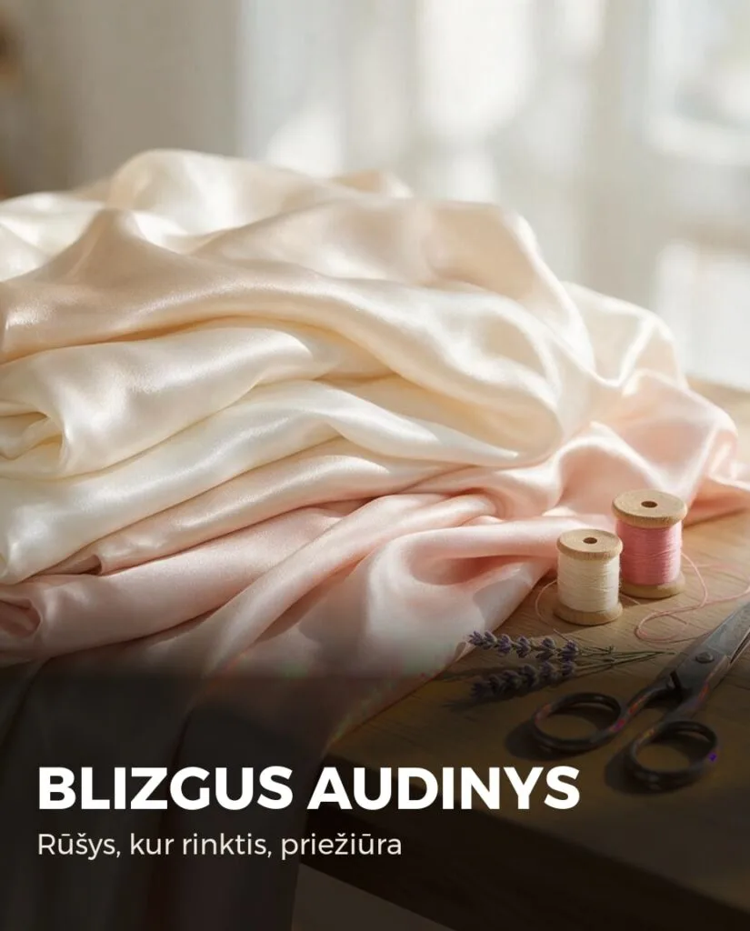 Blizgus atlaso ir šilko audinys su siuvimo priemonėmis