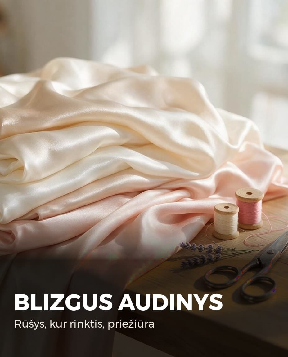 Blizgus atlaso ir šilko audinys su siuvimo priemonėmis
