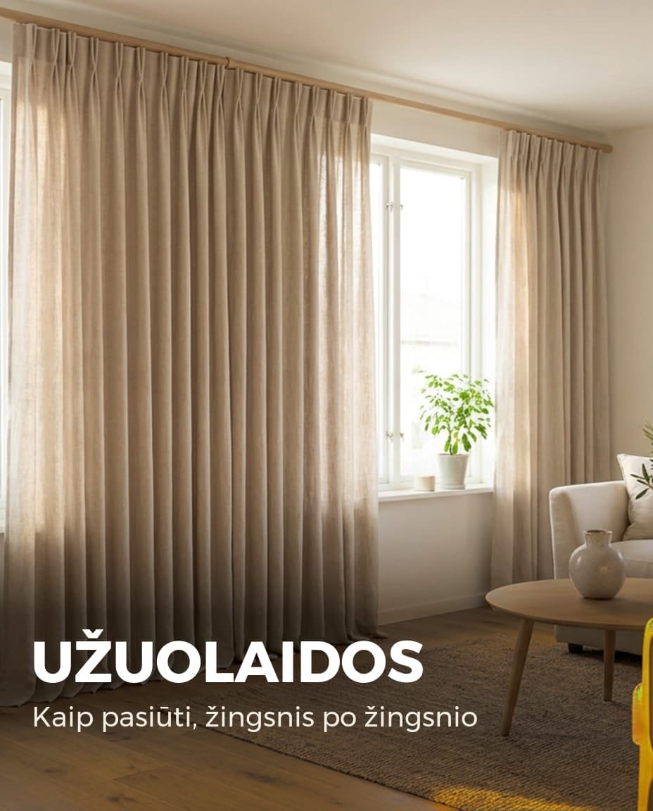 Kaip pasiūti užuolaidas – lininis audinys su klostėmis prie lango
