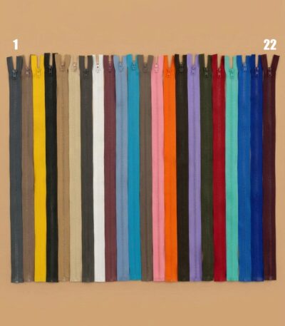Traktoriniai plastikiniai užtrauktukai 60 cm Nr. 5 – 22 spalvų paletė
